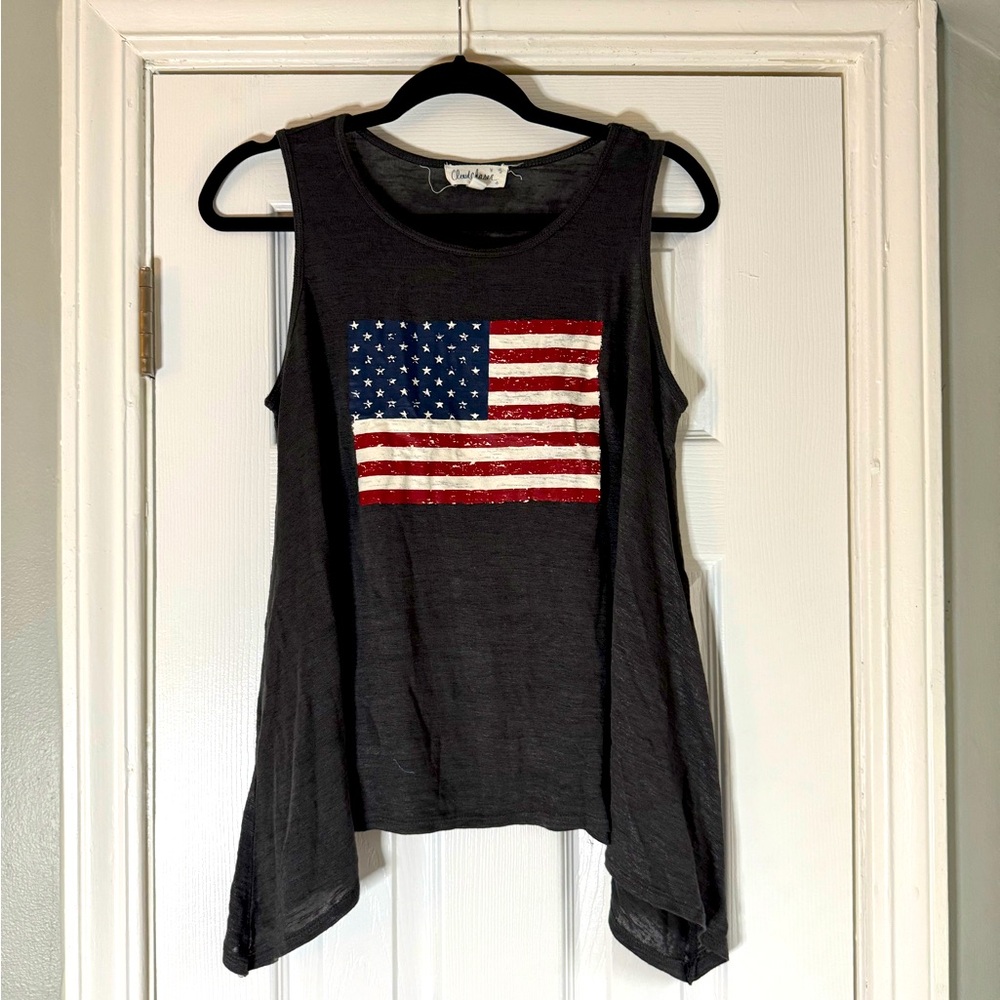 Gray Tank Top with American Flag Design by Cloud Chaser